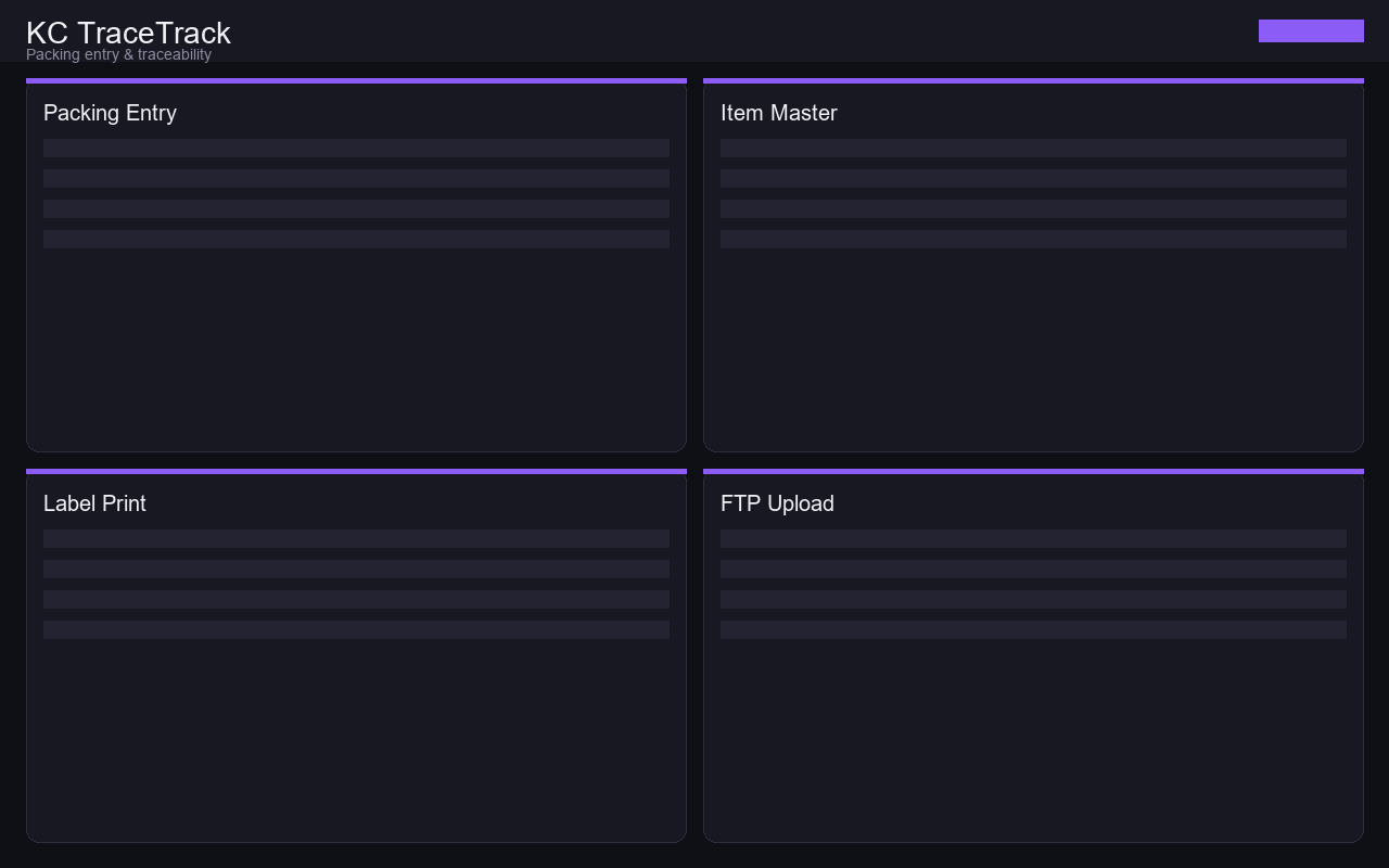 KC TraceTrack packing dashboard
